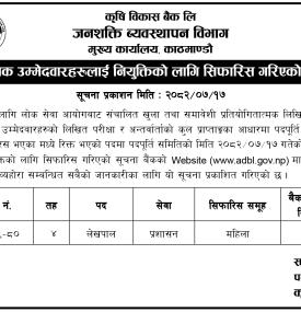 वैलल्पिक उम्मेदवारहरुलाई नियुक्तिको लागि सिफारीस गरिएको सूचना