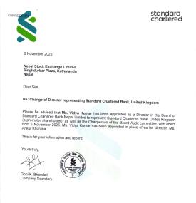 Standard Chartered Bank Nepal Announces Change in Promoter Director