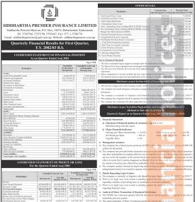 Siddhartha Premier Insurance has posted a net loss of Rs 298.54 million and published its 1st quarte