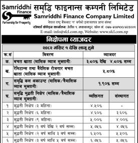 समृद्धि फाइनान्सको नयाँ ब्याजदर सार्वजनिक सम्बन्धी सूचना - Interest Rates -