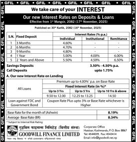गुडविल फाइनान्सको नयाँ ब्याजदर सार्वजनिक सम्बन्धी सूचना - Interest Rates -