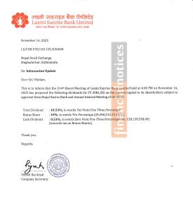 Laxmi Sunrise Bank's Dividend Announcement, how much is the Cash and Bonus?