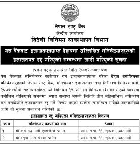 नेपाल राष्ट्र बैंकद्वारा समयमै नवीकरण नगरेका मनिचेन्जहरुको इजाजतपत्र खारेज सम्बन्धी सूचना