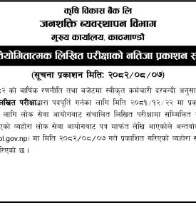 लिखित परीक्षाको नतिजा प्रकाशन सम्बन्धी कृषि विकास बैंकको सूचना -