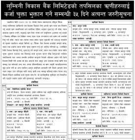लुम्बिनी विकास बैंकको ऋणीहरुलाई कर्जा चुक्ता भुक्तान गर्ने तथा धितो लिलाम बिक्री सम्बन्धी सूचना -