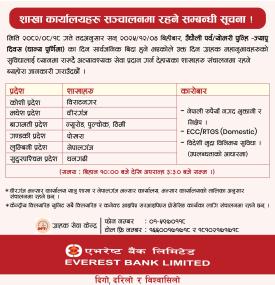 शाखा कार्यालयहरु संचालनमा रहने सम्बन्धी एभरेष्ट बैंकको सूचना -