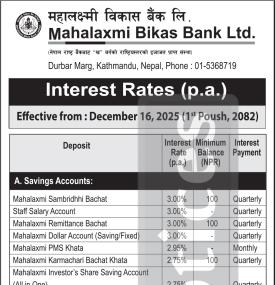 महालक्ष्मी विकास बैंकको नयाँ ब्याजदर सार्वजनिक सम्बन्धी सूचना - Interest Rates -