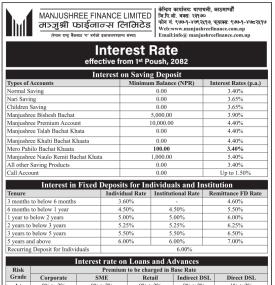 मन्जुश्री फाइनान्सको पुषदेखि नयाँ ब्याजदर लागू – कुन खातामा कति पाइन्छ ब्याजदर?