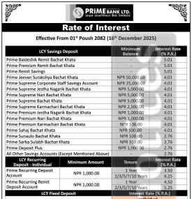 Prime Commercial Bank Limited Publishes New Interest Rates Effective from Poush 2082 -