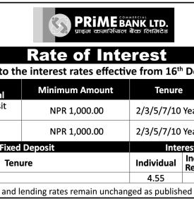 प्राइम कमर्सियल बैंकको ब्याजदर संसोधन सम्बन्धी सूचना