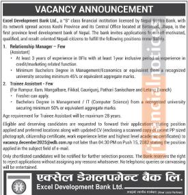 Excel Development Bank Announces Vacancies for different position