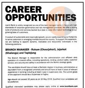 Laxmi बैंकमा Branch Manager आवश्यकता