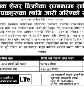 प्रभु महालक्ष्मी लाइफ इन्स्योरेन्सको संस्थापक शेयर बिक्रीबारे सूचना