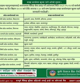 शनिबार पनि कृषि विकास बैंकको शाखा कार्यालय खुल्ला रहने बारेको सूचना