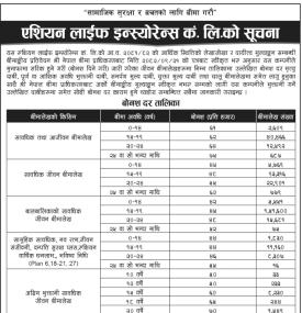 एशियन लाइफ इन्स्योरेन्सको नयाँ बोनस दर सम्बन्धी सूचना