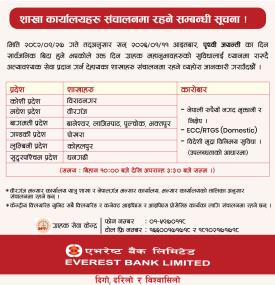 एभरेष्ट बैंकको शाखा कार्यालयहरु संचालनमा रहने सम्बन्धी सूचना