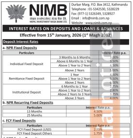 Nepal Investment Mega Bank announces new deposit interest rates effective from Magh 1, 2082