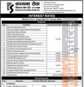 Kamana Sewa Bikas Bank announces new deposit interest rates effective from Magh 1, 2082