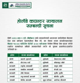 सांग्रीला डेभलपमेन्ट बैंकको होलीडे काउन्टर सञ्चालन सम्बन्धी सूचना -