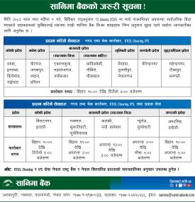 सार्वजनिक बिदाका दिन सानिमा बैंकको शाखा खुल्ला रहने सम्बन्धी सूचना -