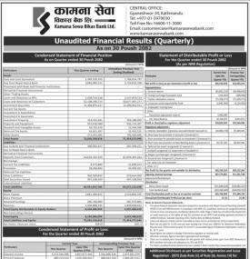 Kamana Sewa Bikas Bank Earns Rs 394.55 Million Net Profit in Q2 of FY 2082/83