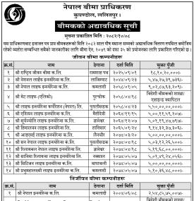 नेपाल बीमा प्राधिकरणद्वारा इजाजतप्राप्त बीमा कम्पनीहरूको अद्यावधिक सूची सार्वजनिक