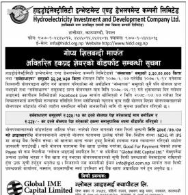 हाइड्रोइलेक्ट्रीसिटी इन्भेष्टमेन्ेन्टको अवितरित हकप्रद शेयरको बाँडफाँड सम्बन्धी सूचना -