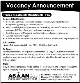 Asian Life Insurance Announces Vacancy for Trainee Assistant in IT Department