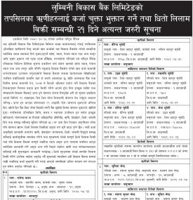 ऋणीहरुलाई कर्जा चुक्ता भुक्तान गर्ने तथा धितो लिलाम बिक्री सम्बन्धी २१ दिने सूचना