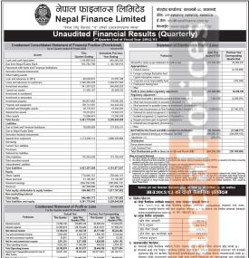 Nepal Finance Limited has posted a net loss of Rs 87.34 million and published its 2nd quarter 