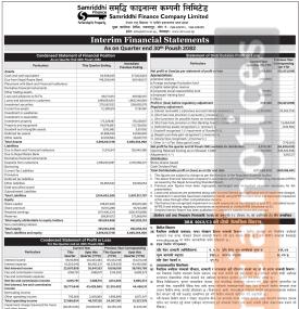 Samriddhi Finance Company has posted a net profit of Rs 1.16 million and published its 2nd quarter