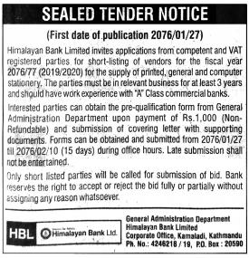 Sealed Tender Notice 