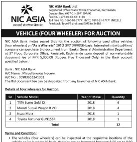 NIC ASIA Bank Invites Sealed Bids for Auction of Office Vehicles