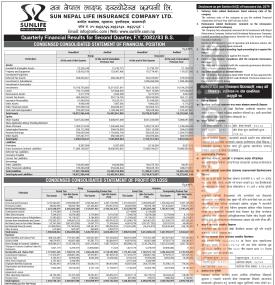 Sun Nepal Life Insurance Company has posted a net profit of Rs 285.41 million and published its Q2