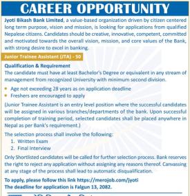 Jyoti Bikas Bank Announces Vacancy for 50 Junior Trainee Assistant -