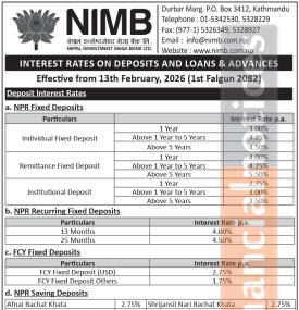 Nepal Investment Mega Bank informs that the new deposit interest rates will be effective from Falgun