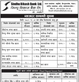 सिन्धु विकास बैंकको फागुनदेखि नयाँ ब्याजदर लागू – कुन खातामा कति पाइन्छ ?