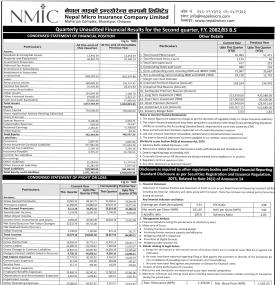नेपाल माइक्रो इन्स्योरेन्सको दोस्रो त्रैमासको वित्तीय विवरण सार्वजनिक सम्बन्धी सूचना