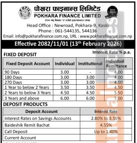 Pokhara Finance published new interest rates effective 1st Falgun, 2082