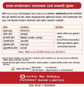 एभरेष्ट बैंकको महाशिवरात्रिको दिन शाखा कार्यालयहरु संचालनमा रहने सम्बन्धी सूचना
