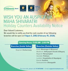 Shivaratri Holiday Counter availability notice of Citizen Bank