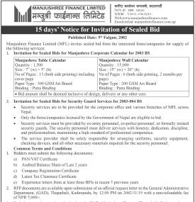 15 Days Notice for Invitation of Sealed Bids