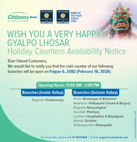 Gyalpo Lhosar holiday counters availability notice 
