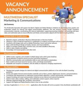 Laxmi Sunrise Bank Announces Vacancy for Multimedia Specialist