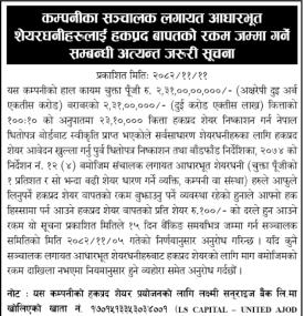 शेयरधनीहरुलाई हकप्रद बापतको रकम जम्मा गर्ने सम्बन्धी यूनाइटेड अजोड इन्स्योरेन्सको सूचना