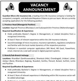 Guardian Micro Life Insurance Announces Vacancies for Province Head and Branch Incharge Positions