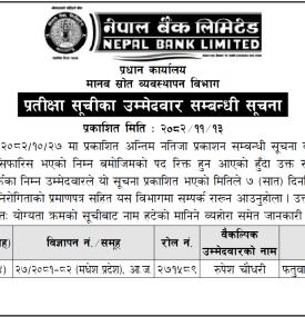 नेपाल बैंक लिमिटेडको प्रतीक्षा सूचीका उम्मेदवारसम्बन्धी सूचना प्रकाशित सम्बन्धी सूचना