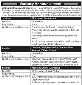 Sanima GIC Insurance Ltd. Announces Multiple Job Vacancies