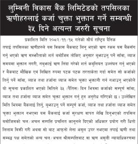 ऋणीहरुलाई कर्जा चुक्ता भुक्तान गर्ने सम्बन्धी ३५ दिने सूचना