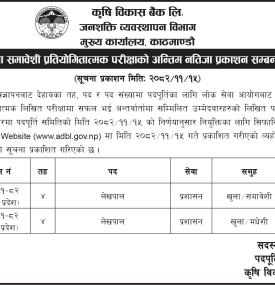 कृषि विकास बैंकको परीक्षाको अन्तिम नतिजा प्रकाशन सम्बन्धी सूचना -